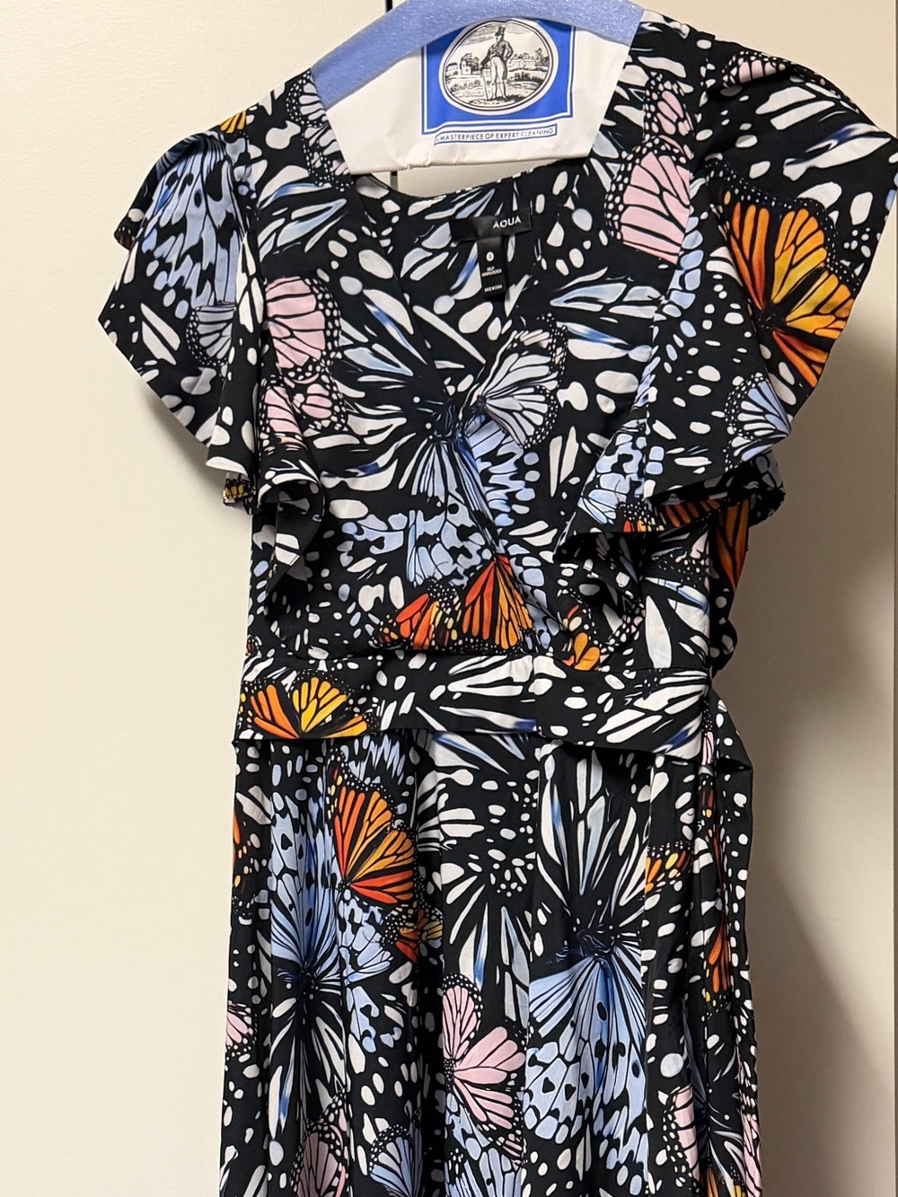 Aqua Black Butterfly Print Ruffle Dress - Blue, Pink, Orange, White